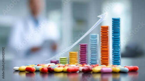 Medical Business Trend Represented by Pills and Upward Arrow Graph