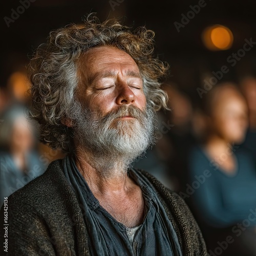 Serene Man Meditating in a Group Setting