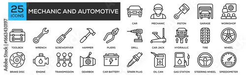 Mechanic and Automotive icon collection set. Containing design Car, Mechanic, Piston, Garage, Workshop