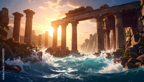 Ancient Ruins by the Sea at Sunset.