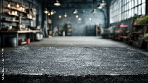 Dark stone countertop with blurred industrial workshop background inside. Ideal for displaying products, tools, or showcasing craftsmanship projects.