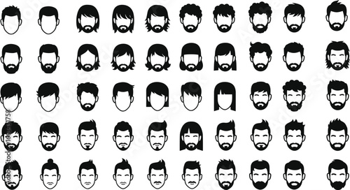 Silhouette grid of male head hairstyles and beard styles featuring diverse grooming combinations for fashion, barber, and design use