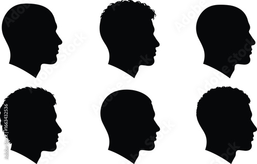 Silhouette set of diverse head hairstyles featuring short, curly, smooth, and voluminous hair types for fashion, design, and concept use