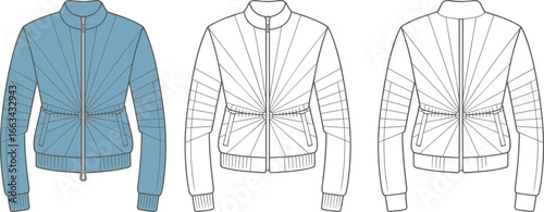 Bomber Jacket CAD Flat Sketch Vector Template - Technical Fashion Sketch