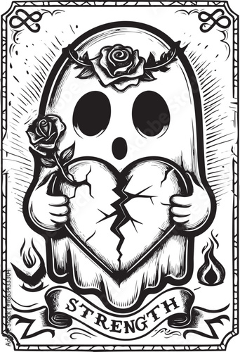 Vector tarot card illustration with cute ghost and heart symbol representing Strength