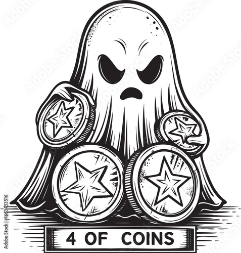 Angry cartoon ghost holding coins on spooky black and white tarot card illustration