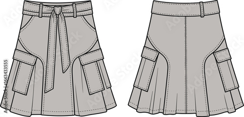 CAD drawing flat vector illustration of flared cargo skirt with belt, front and back view, pleated hem, pockets, fashion design