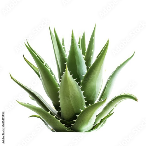A vibrant aloe vera plant, featuring spiky, pointed leaves radiating outward from a central point