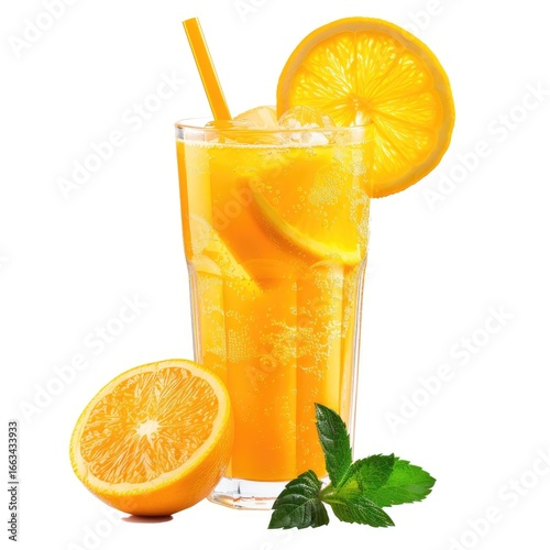 Refreshing orange drink in tall glass with ice and orange slices