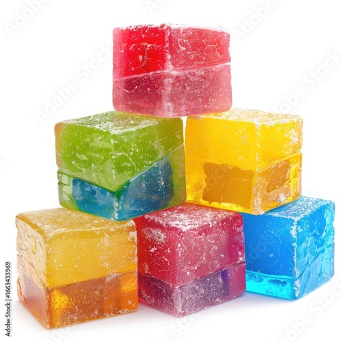 Colorful, translucent, cube-shaped candies stacked in a pyramid on a white background