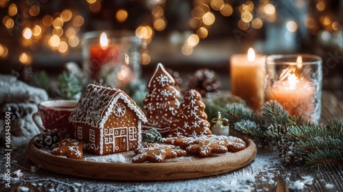 Cozy Christmas Scene with Gingerbread House and Candle Lights