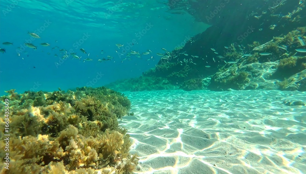 Fototapeta premium Sunlight filters through clear turquoise water, illuminating a shallow reef teeming with small fish and vibrant marine plants.