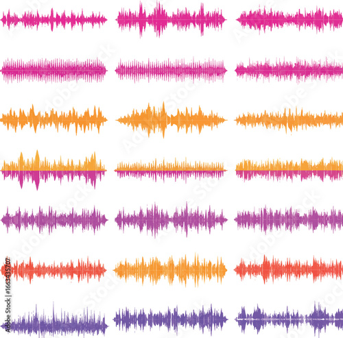 Collection of Colorful Sound Waveforms in Horizontal Rows audio sound visualization