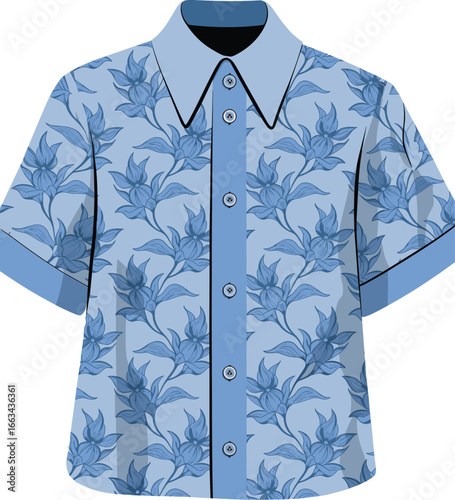 CAD drawing flat vector illustration of floral short sleeve shirt, button-up front, leafy pattern, summer fashion design, stylish garment layout