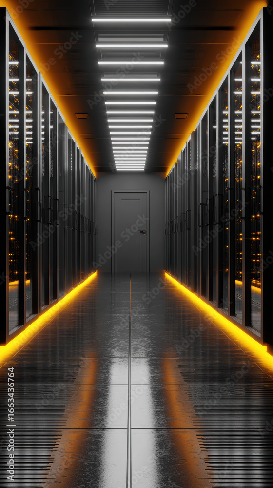 Fototapeta premium Sleek data center hallway with glowing orange lights and reflective floor, creating futuristic atmosphere