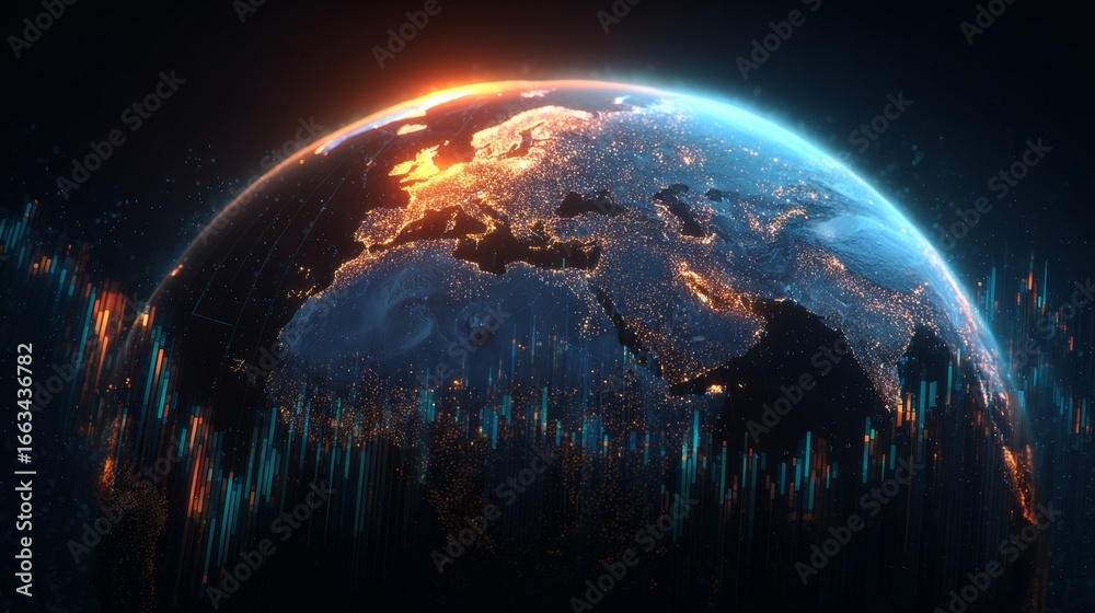 Fototapeta premium Global Planet View Enhanced with Tech Data Streams and Light Effects