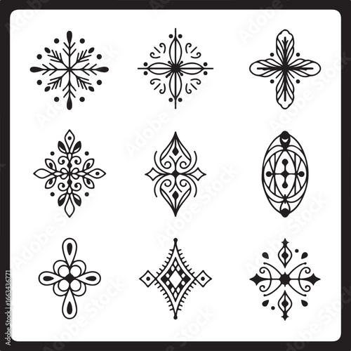 A collection of nine abstract and ornamental designs, featuring intricate geometric and stylized floral patterns in a black and white style.

