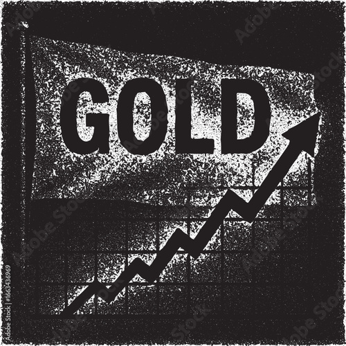 Black and white distressed flag with bold word gold and upward arrow chart, representing market growth, investment rise, wealth, finance, business success, and economic progress.