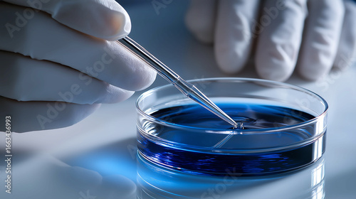 Scientific manipulating a thick fluid on a glass petri dish using a precision glass pipe tool sample inside petri dish. Science research concept