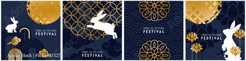 happy mid autumn festival square poster set. Chinese design card with moon, cute rabbits, lotus, moon cake and classical pattern