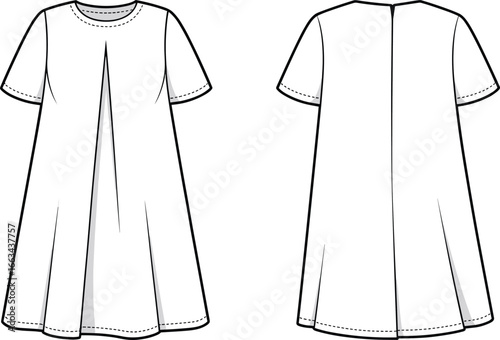 CAD drawing flat vector illustration of girls dress design, scalloped hem detailing, short sleeve garment sketch, front and back view layout, children’s fashion template mockup