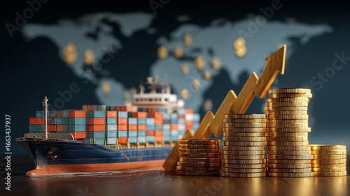 Cargo Ship and Gold Coins Representing Global Market Growth and Logistics