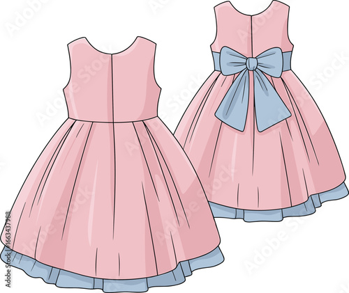 CAD drawing flat vector illustration of girls sleeveless dress, front and back view, blue bow accent, layered hemline, elegant children's garment sketch, fashion template layout