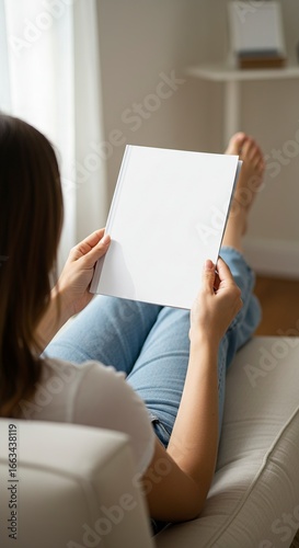 Woman reading a blank white book while relaxing on a light sofa