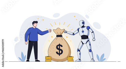 A man and a robot collaborate over a large glowing money bag, symbolizing financial technology and AI investment.