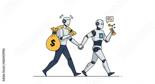 Two robots walking together, one carrying money, the other holding a trophy, celebrating success.