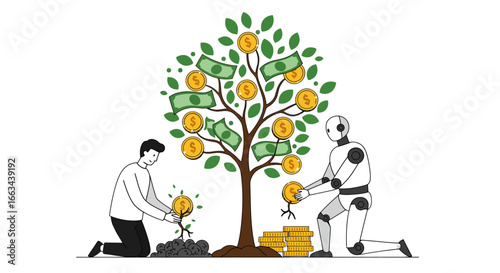 A man and a robot tending to a money tree, symbolizing investment, growth, and the future of finance with technology.