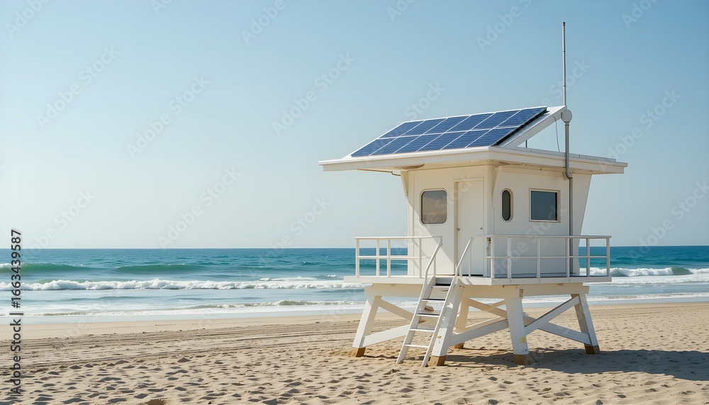 Obraz premium Futuristic lifeguard station solar roof seaside
