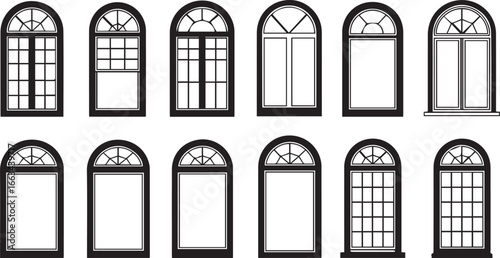 Collection of twelve black silhouette architectural windows with arched tops and varied designs arched window