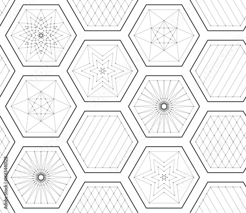 Seamless geometric pattern with interconnected hexagons creating intricate designs, blending angular shapes and lines in harmonious visual composition