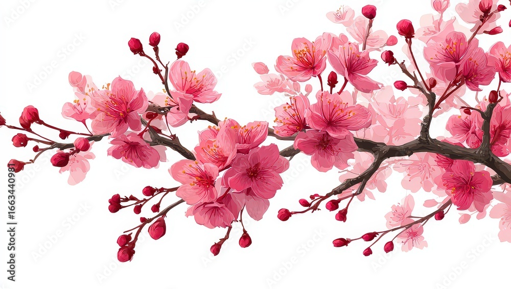 Naklejka premium Pink Cherry Blossoms Branch Against White Background