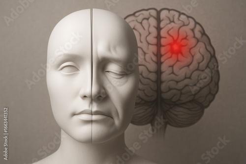 Conceptual 3D render of white human mask split vertically. Left side smooth and symmetrical, right side sagging to symbolize facial paralysis from stroke. brain shows red spot highlighting stroke.