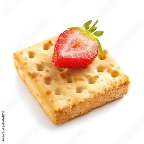 Square cracker topped with a strawberry slice, isolated on white