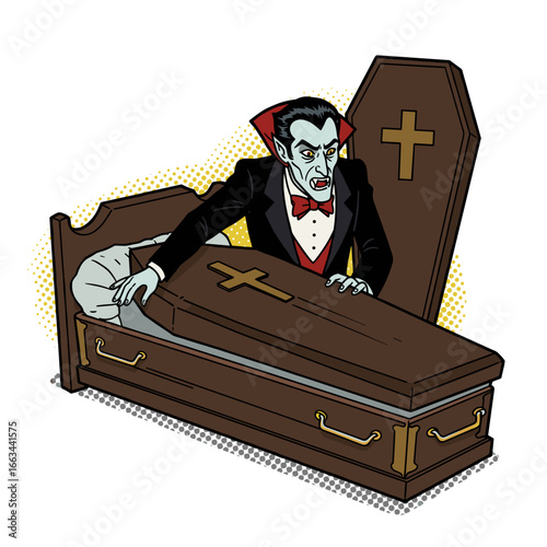 Dracula emerging from coffin in isometric haunted house concept  