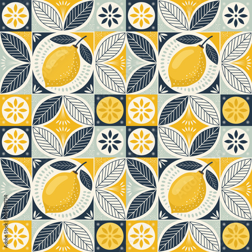 Seamless pattern of decorative tiles with lemons, botanical leaves, and folk ornaments.