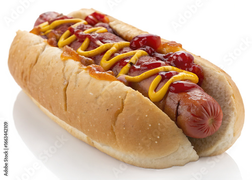 Classic American Hot Dog with Ketchup Mustard and Relish on a White Plate a Delicious Meal Option Perfect for Picnics