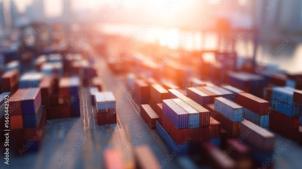 Obraz premium Colorful shipping containers stacked in rows at a port with warm glowing light during sunset or sunrise,