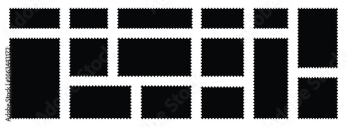 postage stamps set. Black post stamp frames and borders. Rectangle, square template for mail, postcard, letter, note. Vector zigzag objects for badge, sticker, photo, frame. Vector illustration set