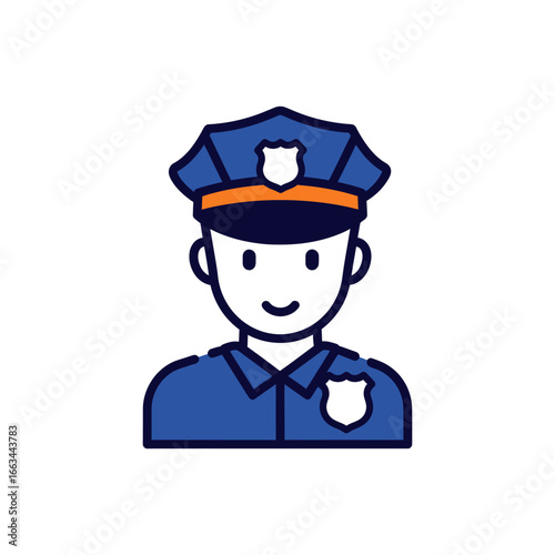 A vector illustration shows a professional cartoon policeman in a blue uniform with a hat and a badge, symbolizing legal protection and control