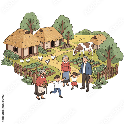 Family Visiting Grandparents in Village Vector Illustration of Grandparents and Grandchildren at a Traditional Farm Home