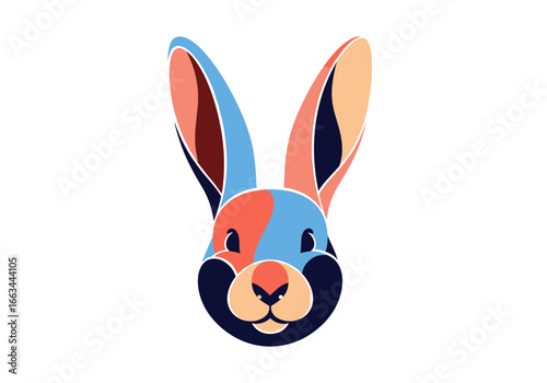 A vibrant stylized rabbit head logo featuring bold geometric shapes and a striking color palette perfect for creative brands