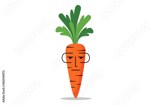 A quirky cartoon carrot with a grumpy expression and lively green fronds standing out against a plain white background creating a fun and whimsical illustration for various uses
