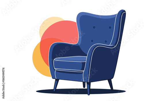 A comfortable blue wingback accent chair with a tufted back and white piping accented by softly blended orange and red circles in the background