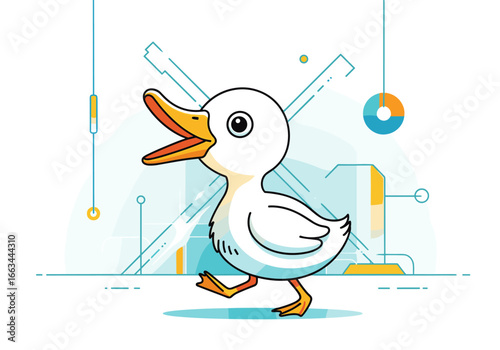 Adorable animated duckling walking forward with open beak and cheerful expression against futuristic technology background with data visualizations and lines