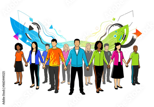 Diverse group of people holding hands united by abstract colorful shapes symbolizing connection and teamwork
