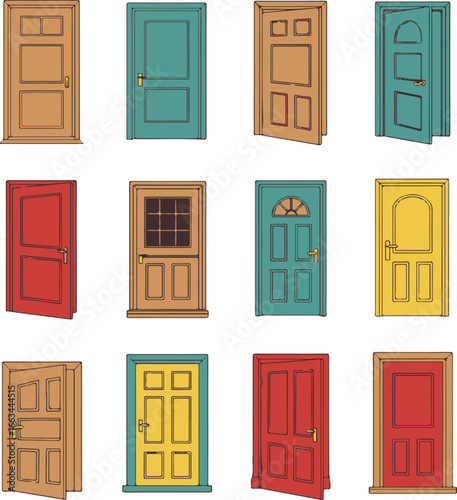 Colorful Collection of Twelve Hand- Drawn Doors in Various Styles and Colors entrance exit